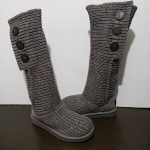UGG Gray Clasic Cardy Knit Boots Butons Sheepskin Lined Tall or Short 8